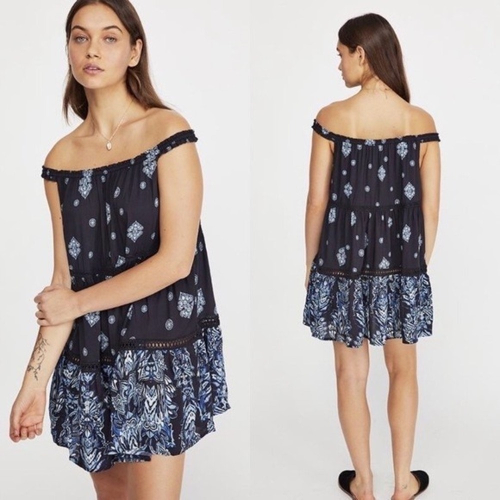 Free People Intimately Black Paisley Tiered Mini‎ Dress Off Shoulder XS CP0500